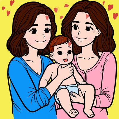 two realistic women holding one baby together