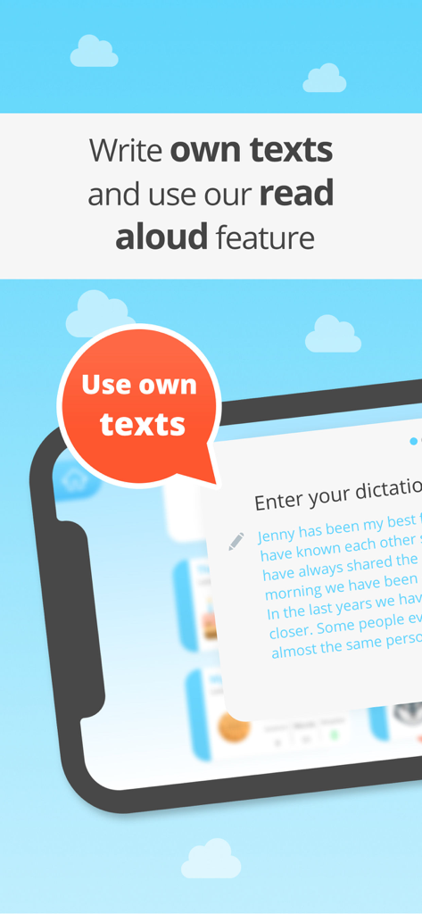 Interfaccia dell'app EASY peasy che mostra la funzione per inserire testi di dettato personalizzati con una funzione di lettura ad alta voce automatizzata.