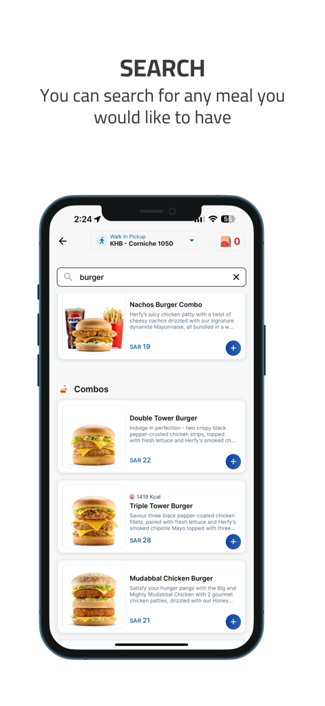 Herfy App - Herfy App search screen displaying various burger options and meal combos.