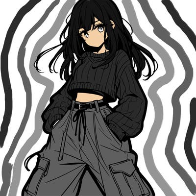anime teen girl with baggy pants and crop top with sweater