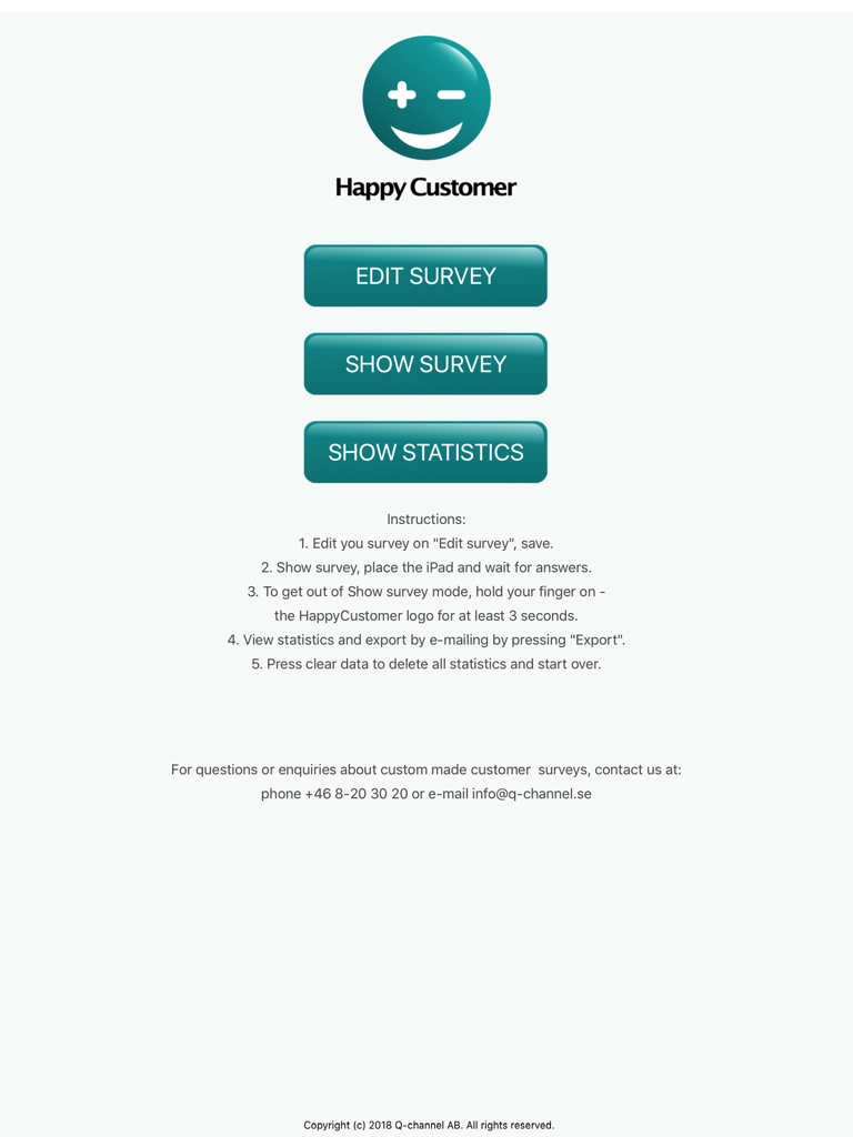 HappyCustomer - Hauptmenü der HappyCustomer iPad-App mit Schaltflächen für Umfrage bearbeiten, Umfrage anzeigen und Statistiken anzeigen
