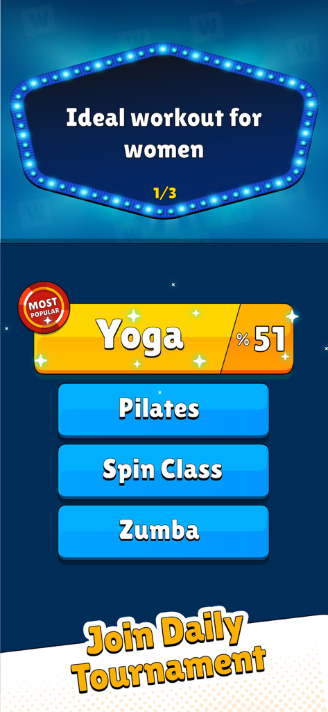 Popular Words: Family Game - Una domanda di trivia in stile sondaggio in Parole Popolari che chiede l'allenamento ideale per le donne, con Yoga come risposta principale