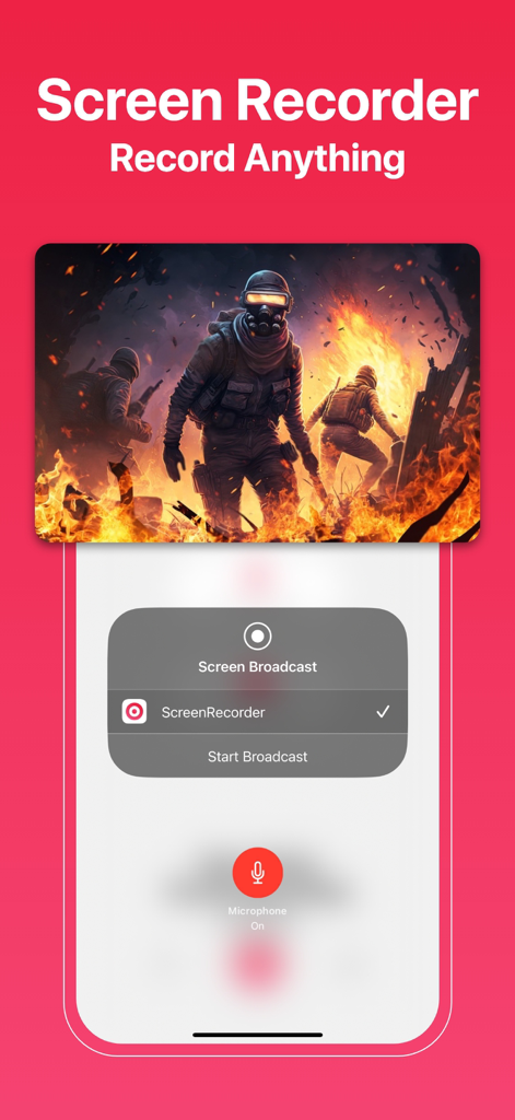 Screen Recorder app interface with a mobile game recording and a start broadcast menu.