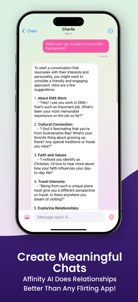 Affinity AI - A smartphone screen showing the Affinity AI app providing personalized conversation starter suggestions for dating