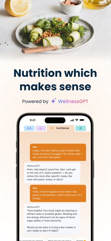 HeyDoc AI : WellnessGPT & ABHA - HeyDoc AI mobile app chat interface showing personalized nutrition advice from the NutriSense AI agent