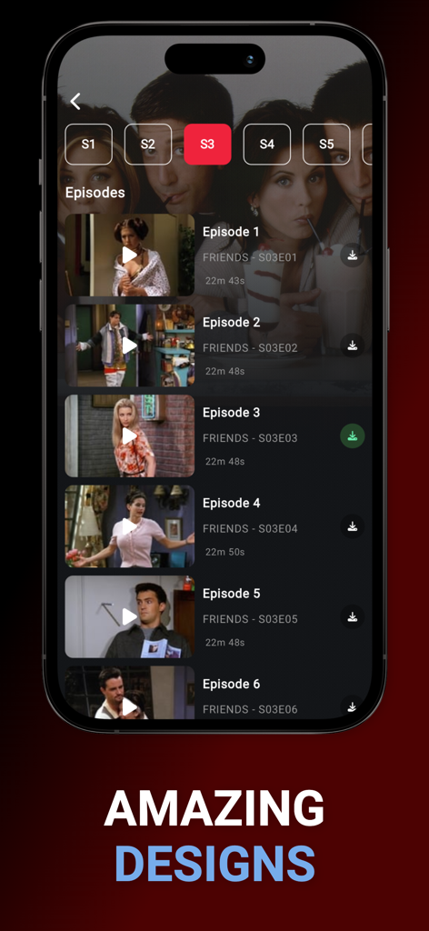 Tivix IPTV Player app interface showing a list of TV show episodes with download icons and season selection
