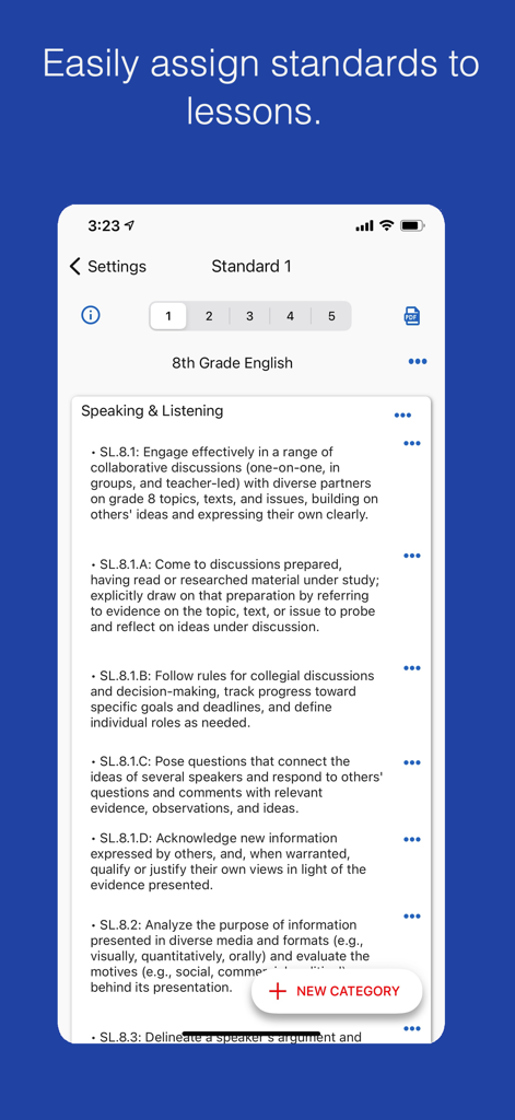 Class Planner (cloud) - Interface of the Class Planner cloud app displaying educational standards for 8th grade English lesson plans
