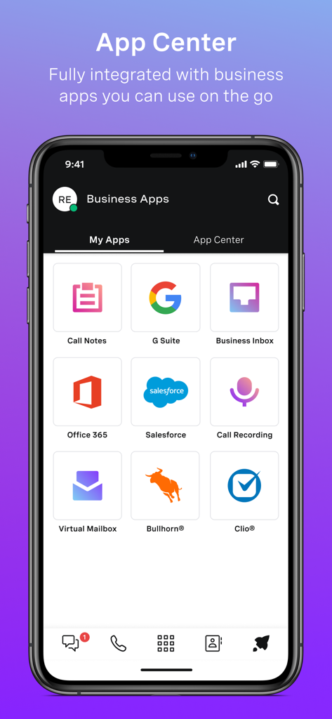 Vonage Business Communications - Centre d'applications Vonage présentant des applications professionnelles intégrées comme Salesforce et Office 365