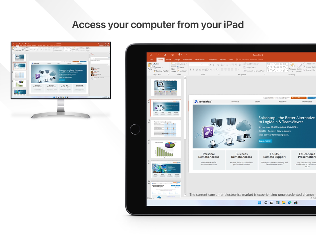 Splashtop Personal - Desktop monitor and iPad displaying a Microsoft PowerPoint presentation via Splashtop remote access