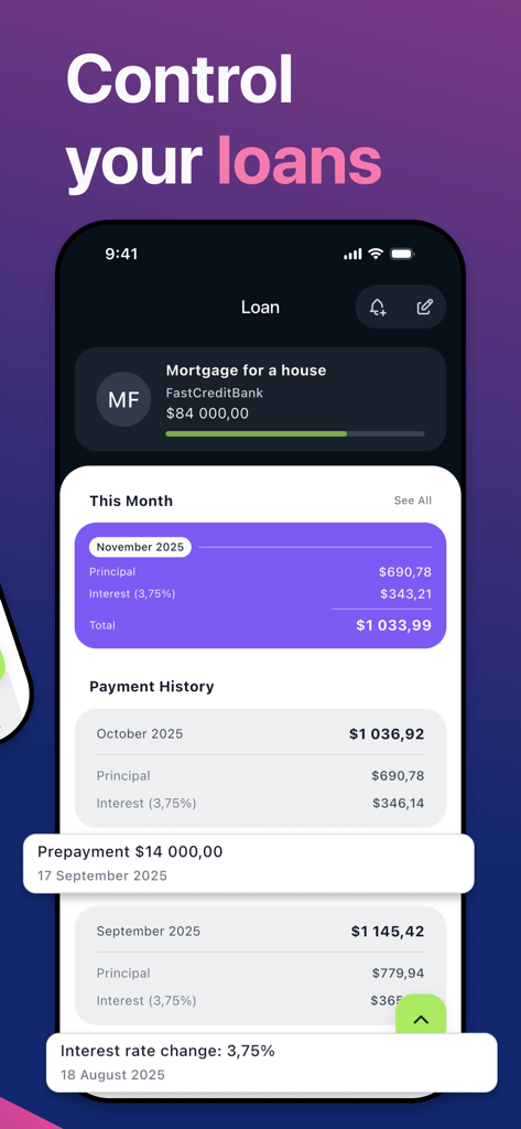 Debts & Savings Tracker - Interfaz de la aplicación Rastreador de Deudas y Ahorros mostrando un resumen de préstamo hipotecario y el historial de pagos.