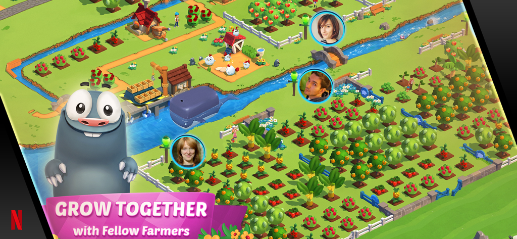 Country Friends - Gameplay screenshot of Country Friends showing players farming together in a vibrant community garden