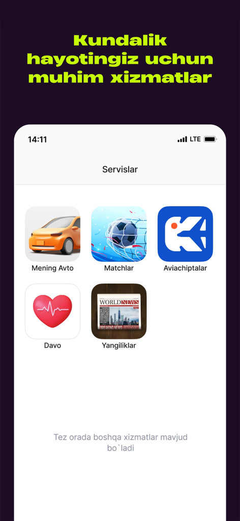 hambi (Beeline Uzbekistan) - The hambi app services screen featuring car sports travel health and news icons
