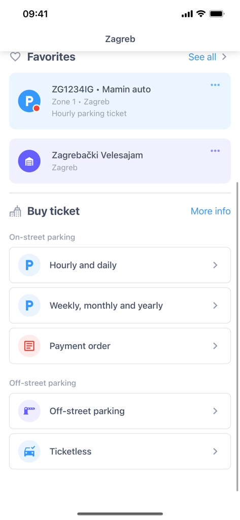 Bmove app dashboard for purchasing parking tickets in Zagreb with options for hourly on-street and off-street parking