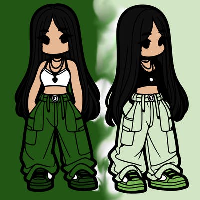 girl in baggy pants crop top and long hair