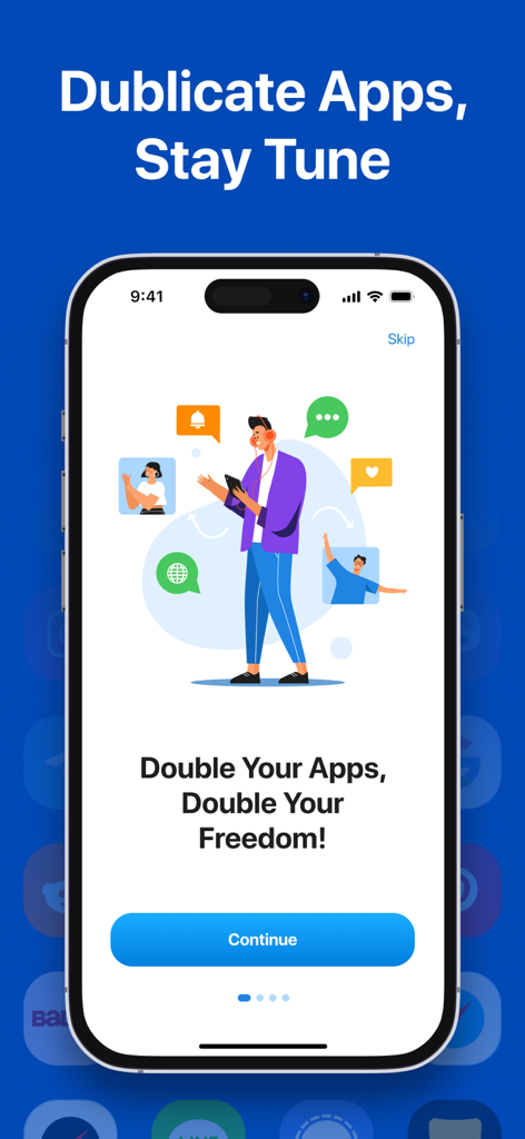 듀얼 스페이스 앱 온보딩 화면, 한 기기에서 여러 소셜 미디어 계정을 사용하는 사람을 보여줌