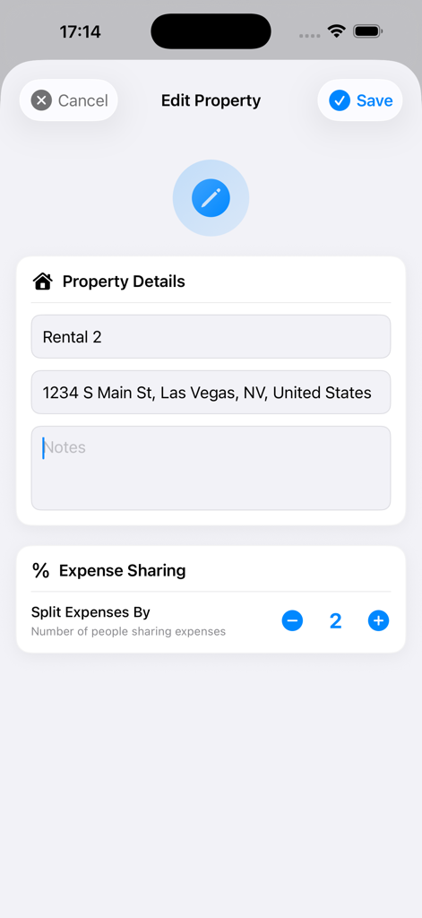 Rent Easy Ledger - Edit property screen in Rent Easy Ledger app showing rental name address and expense sharing settings