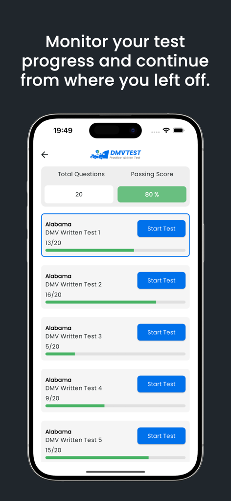 DMV Written Test Prep 2026 - Interfaz de la aplicación que muestra puntuaciones y barras de progreso para varias pruebas de práctica del DMV de Alabama.