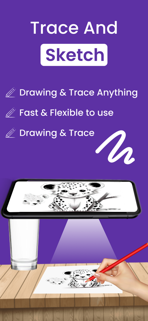 Draw : Trace & Sketch - A hand tracing a leopard sketch from a phone screen onto paper using the Draw Trace and Sketch app