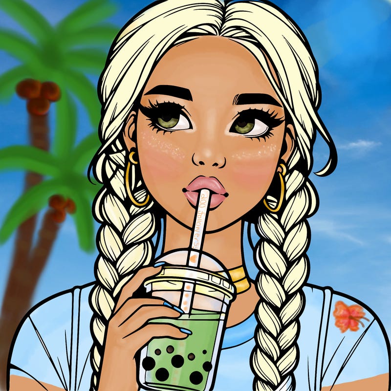 realistic girl with braided hair drinking boba