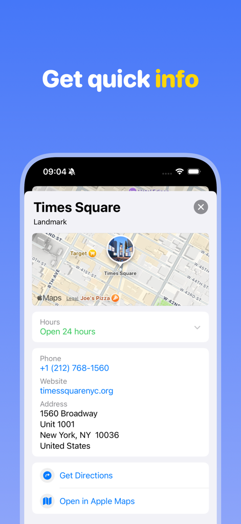 Map markers: Places - Map markers Places app interface showing landmark details and contact information for Times Square.