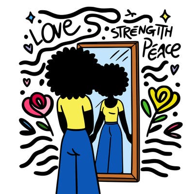 thinking with diversity in mind, a person standing in front of a mirror, with words like "love," "strength," and "peace" floating around them, with gentle waves of energy emanating from the words.