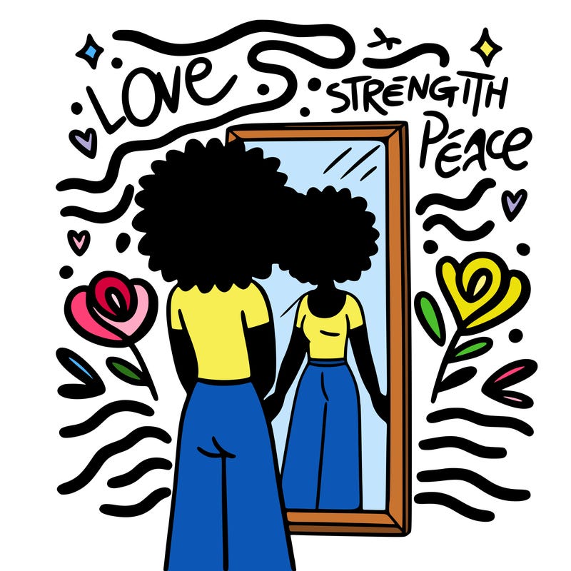 thinking with diversity in mind, a person standing in front of a mirror, with words like "love," "strength," and "peace" floating around them, with gentle waves of energy emanating from the words.