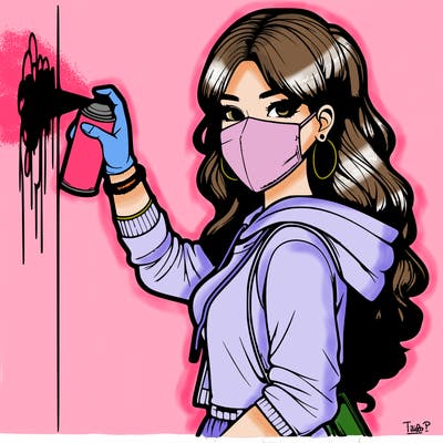 realistic girl with mask spray painting a wall