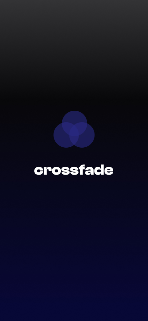 Crossfade - Tela de introdução do aplicativo de reconhecimento musical Crossfade com o logotipo e ícone minimalista em um fundo escuro