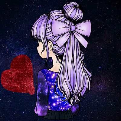 realistic girl  with hip length hair a bun and a big bow on the back of head