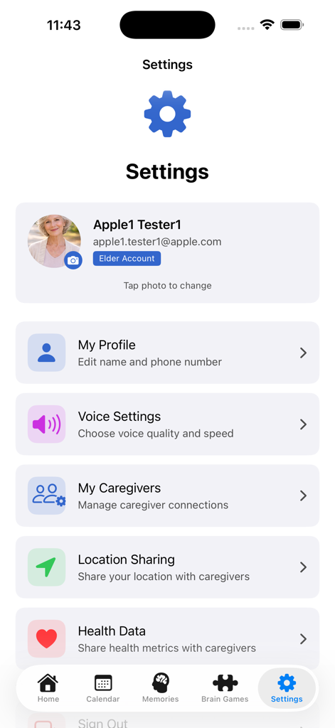 MemoryFy Inc - L'écran des paramètres de l'application MemoryFy affichant les options de profils, d'aidants et de partage de données de santé
