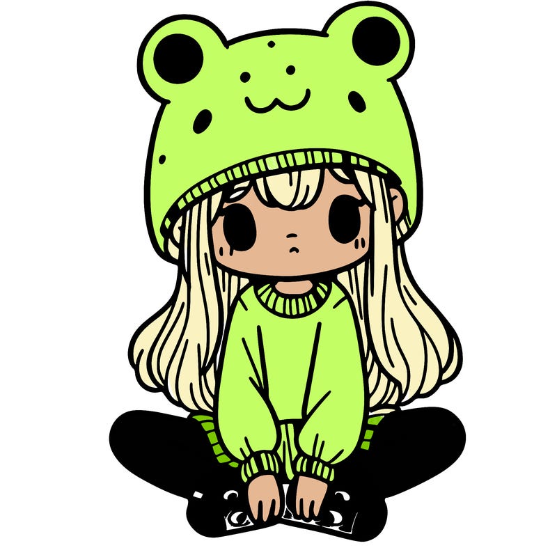 a girl wearing a frog hat and some frog socks