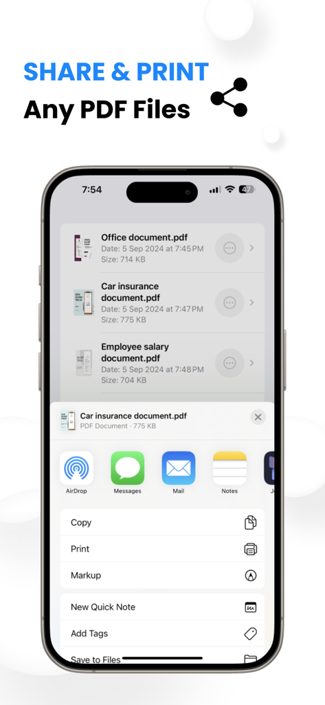 Photo To PDF Convertor Pro: AI - Mobile app interface showing how to share and print PDF documents using the iOS share sheet.