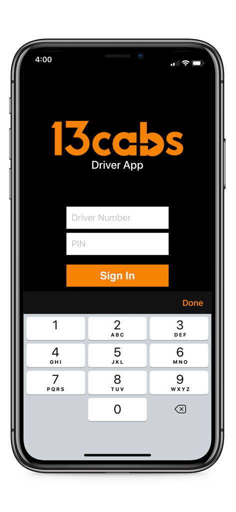 13cabs Driver app login interface showing sign in fields and keypad