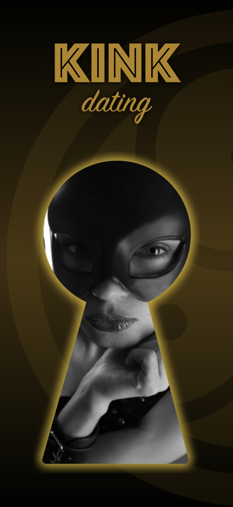 KINK People - BDSM Dating App - KINK dating app splash screen featuring a masked person visible through a glowing keyhole design