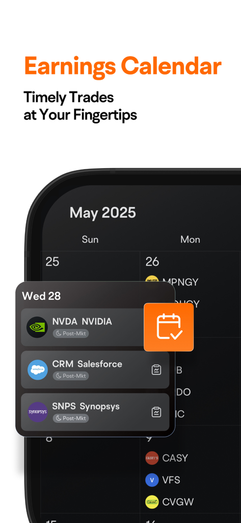Futubull-Easy Investment - Calendario degli utili dell'app mobile Futubull che mostra le date di pubblicazione dei report del mercato azionario
