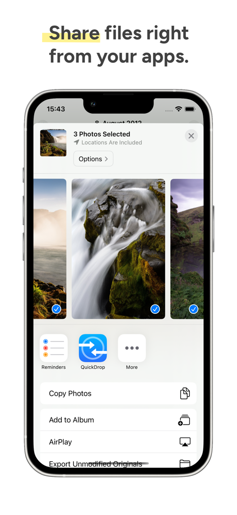 QuickDrop icon integrated into the iOS share sheet for easy file sharing