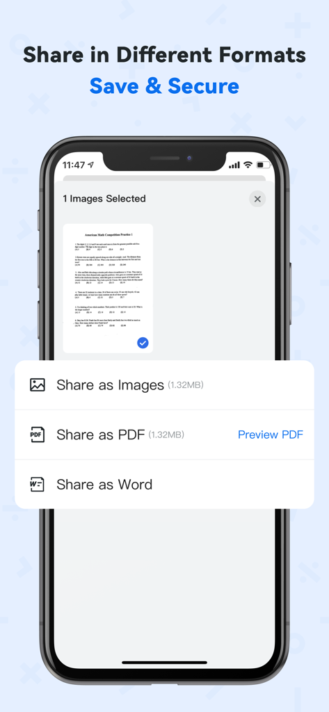Quiz AI: AI Homework Helper - Interface of Quiz AI app showing options to export scans as PDF Word or Image