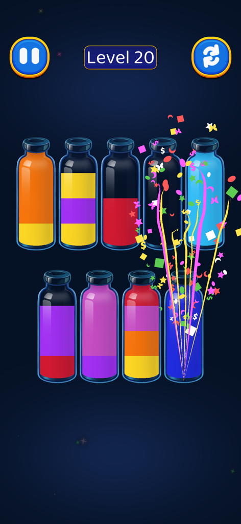 Water Sort Puzzle -Color Magic - Jugabilidad del nivel 20 de Water Sort Puzzle Color Magic mostrando la clasificación de agua de colores en botellas