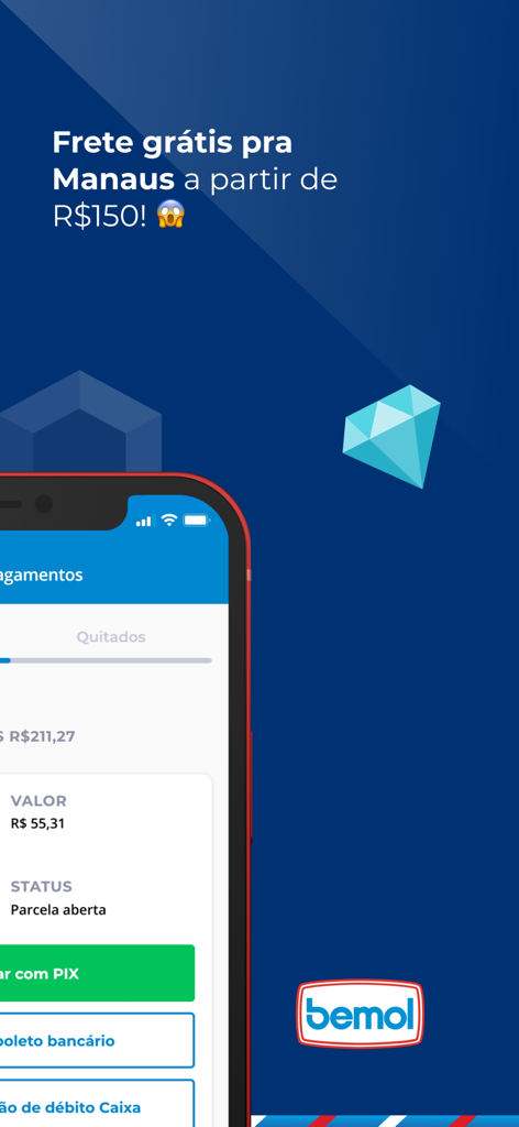 Interfaz de la app Bemol mostrando opciones de pago a plazos y una oferta de envío gratuito a Manaos.