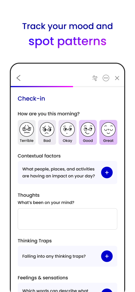 Unstuck: CBT Therapy Journal - Unstuck app interface showing a mood check-in screen with emojis and contextual factor tracking