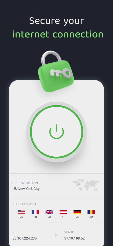 Mobile interface of PIA VPN app showing a connect button and server regions including US New York City