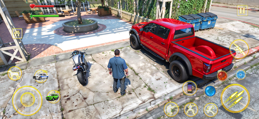 A man standing in an open world city next to a red truck and motorcycle with game controls on screen