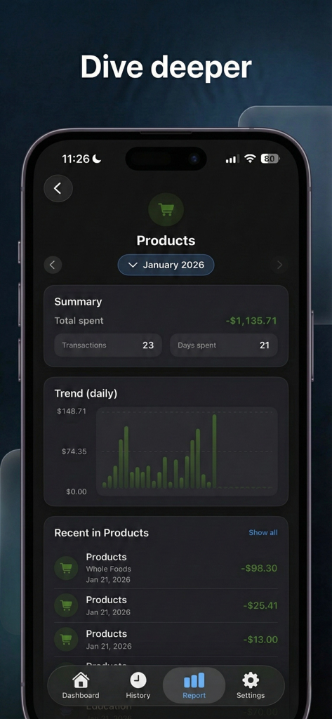 Detailed spending report for products category showing a daily trend chart and recent transactions in Stash Flow