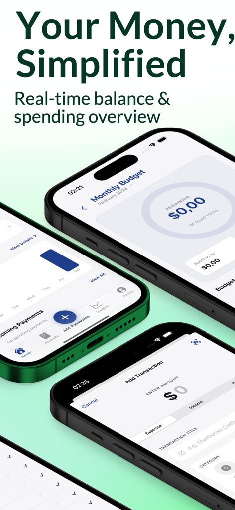 Spendex – AI Budget Tracker - Spendex app interface showing monthly budget tracking and transaction entry on iPhones
