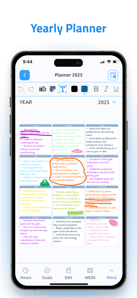 Digital Planner & Calendar Pro - Smartphone screen showing a 2025 yearly planner with monthly goals and handwritten notes