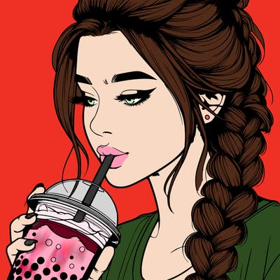 realistic girl drinking boba tea with braided hair