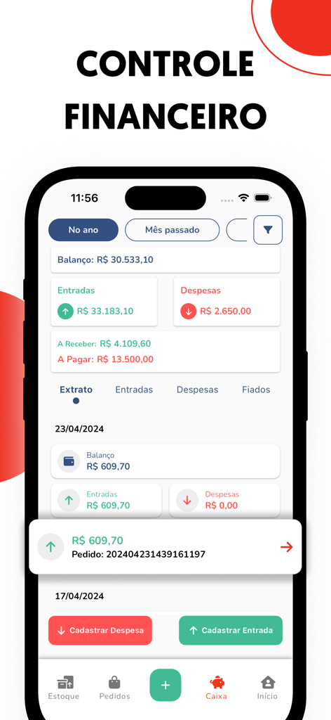 Controle de estoque - Kontro - Kontro-App-Dashboard mit Geschäftssaldo, Einnahmen und Ausgaben