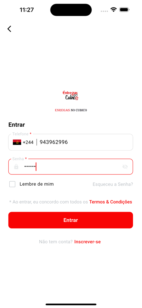 Entregas no Cubico - Login screen of the Entregas no Cubico delivery app