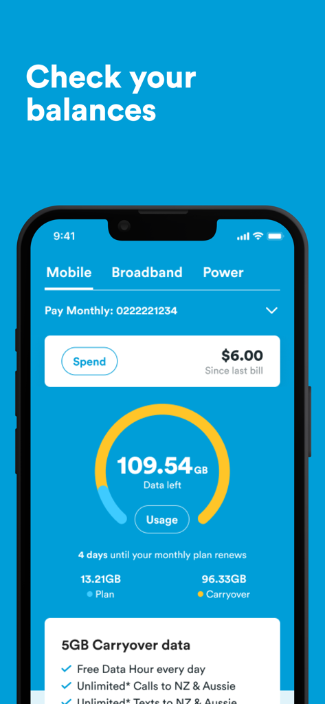 Interface de l'application 2degrees NZ affichant la consommation de données mobiles et le solde du compte.
