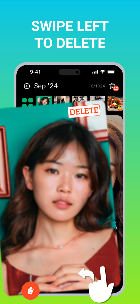 Photos Cleaner: Swipe & Delete - Interfaz de smartphone que demuestra la función de deslizar a la izquierda para eliminar fotos y limpiar el espacio de almacenamiento